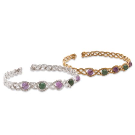 Bracelet tressé 3 agates mousse vertes et 2 améthystes violettes - Monture au choix