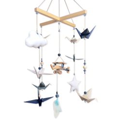Mobile bébé artisanal "Avion en bois" origami - Bleu