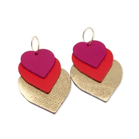 Boucles d'oreilles trois coeurs cuir et or "Maxi Love" - Fuchsia et Rouge