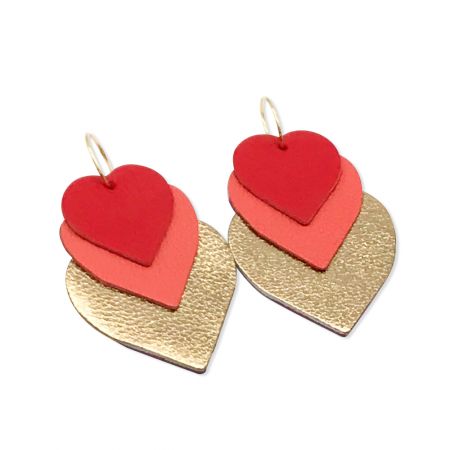 Boucles d'oreilles trois coeurs cuir et or "Maxi Love" - Rouge et Corail