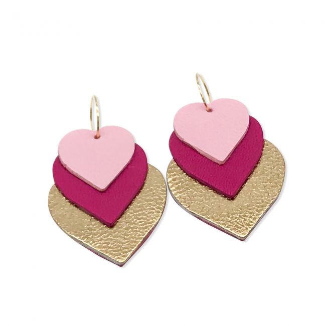 Boucles d'oreilles trois coeurs cuir et or "Maxi Love" - Rose et Fuchsia