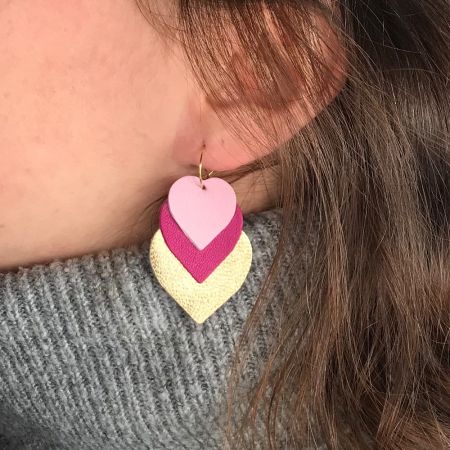 Boucles d'oreilles trois coeurs cuir et or "Maxi Love" - Rose et Fuchsia