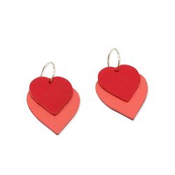 Boucles d'oreilles deux coeurs cuir et or "Love" - Rouge et Corail