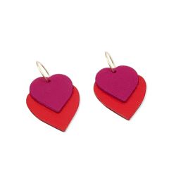 Boucles d'oreilles deux coeurs cuir et or "Love" - Fuchsia et Rouge