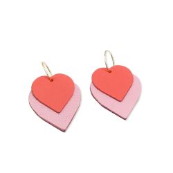 Boucles d'oreilles deux coeurs cuir et or "Love" - Corail et Rose