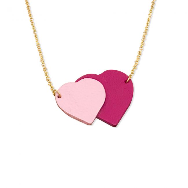 Collier deux coeurs cuir et or "Love" - Rose et Fuchsia