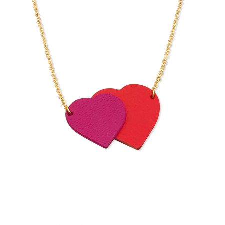 Collier deux coeurs cuir et or "Love" - Fuchsia et Rouge