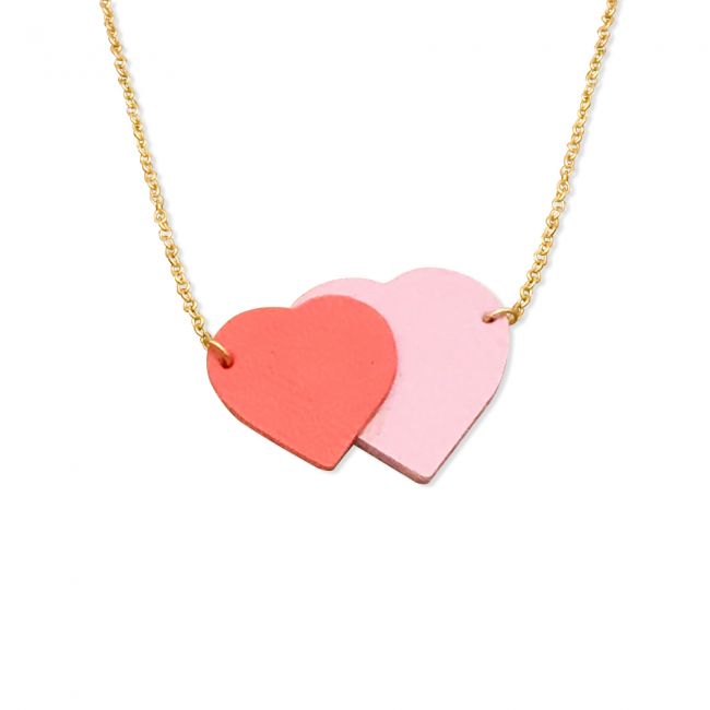 Collier deux coeurs cuir et or "Love" - Corail et Rose