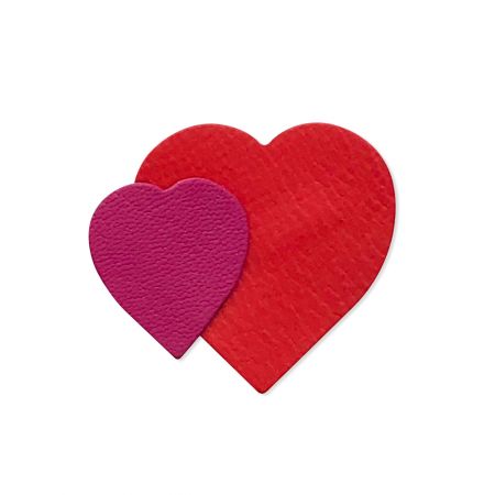 Broche deux coeurs cuir et or "Love" - Fuchsia et Rouge