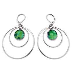 Boucles d'oreilles "anneaux" en marqueterie de paille argentées - Vert