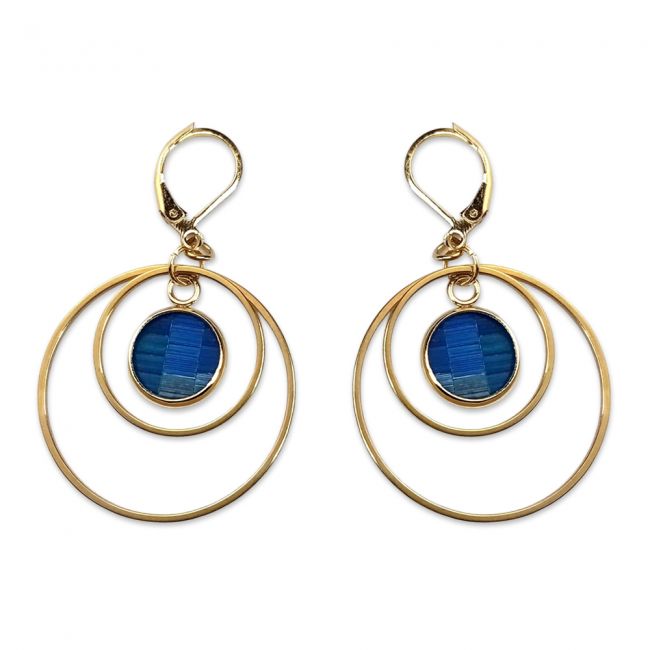 Boucles d'oreilles "anneaux" en marqueterie de paille dorées - Bleu