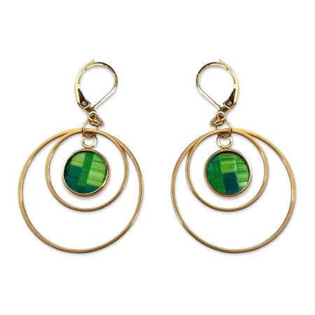 Boucles d'oreilles "anneaux" en marqueterie de paille dorées - Vert