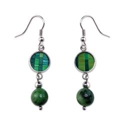 Boucles d'oreilles "pendants" en marqueterie de paille argentées - Vert